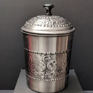 Nu Steel Antique Embossed Pewter Canister With Lid.